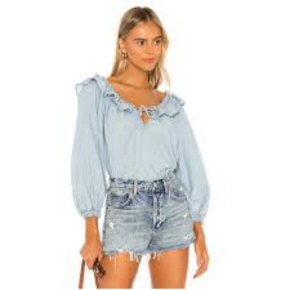 Free People Lily Of The Valley Women's S Blue Denim Ruffle Tie Neckline Top - Picture 1 of 10
